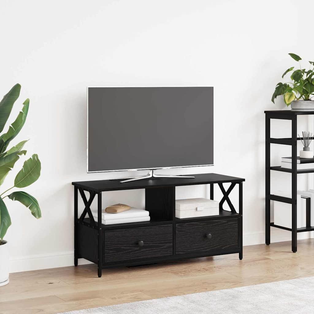 TV-skab med skuffe Sort eg 90 x 33 x 45 cm Ingeniørtræ og stål