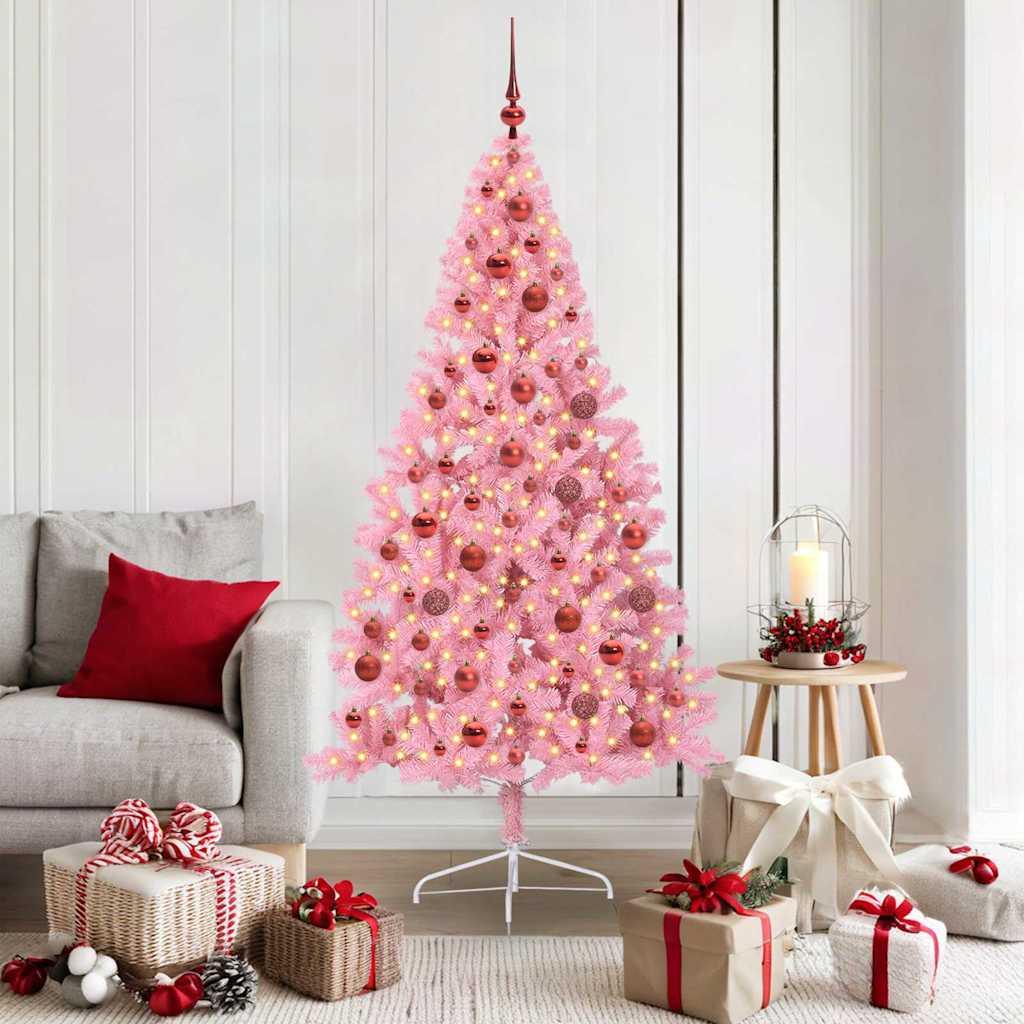 Kunstig Forbelyst Juletræ med 300 LED'er Lyserød 180 cm PVC