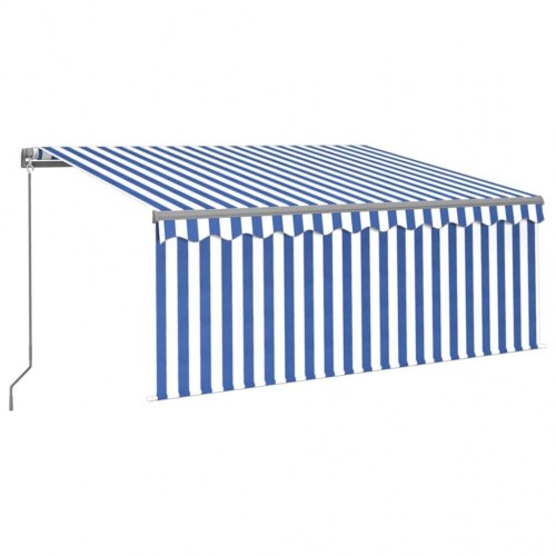 Markise med gardin og LED 3 x 2,5 m - manuel, blå/hvid