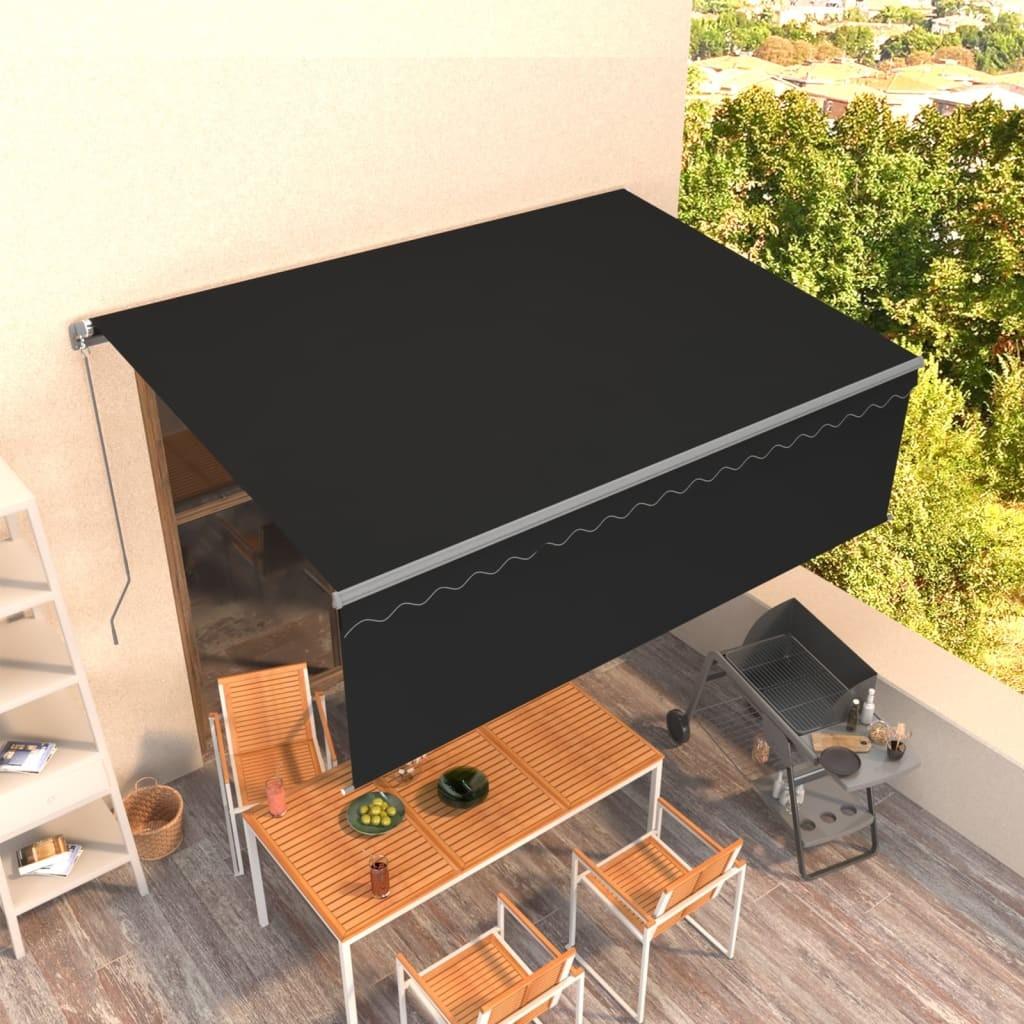 Markise m. gardin + LED 4x3 m manuel betjening antracitgrå