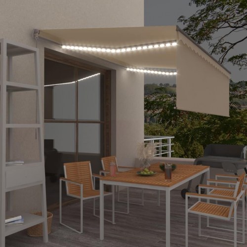 Markise med gardin og LED - 4×3 m, manuel, cremefarvet