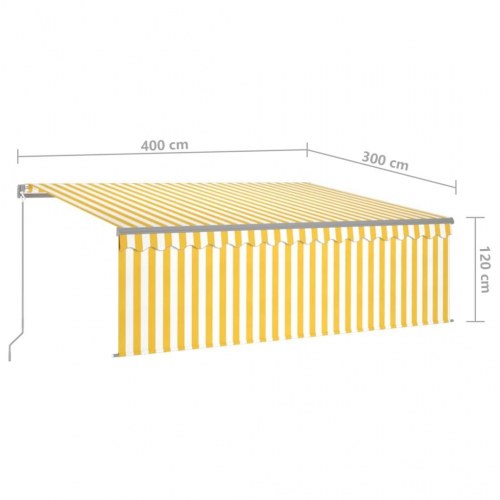 Markise m. gardin + LED 4x3 m manuel betjening gul og hvid