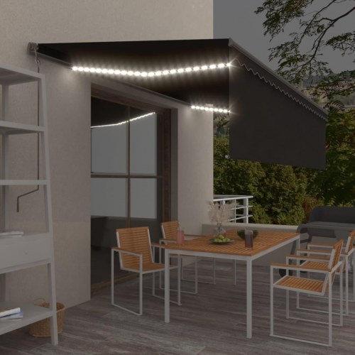 Markise med gardin 5 × 3 m - manuel betjening, antracitgrå med LED