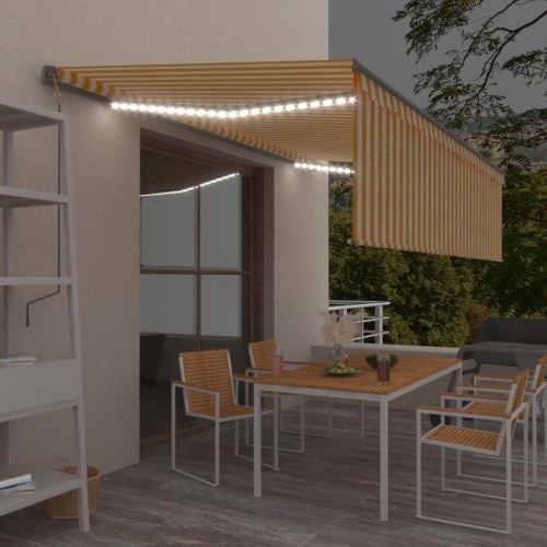 Markise med rullegardin, LED og vindsensor 5×3 m - automatisk, gul/hvid
