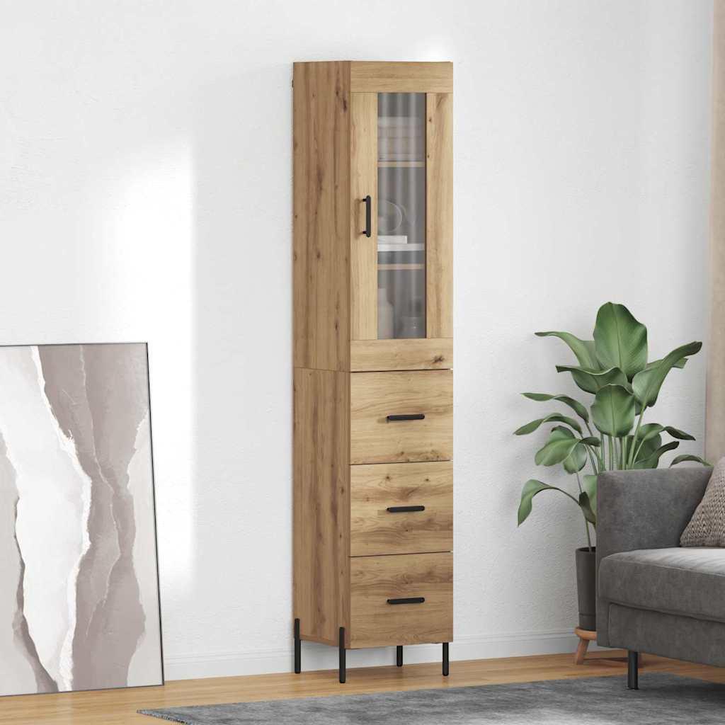 Highboard i artisan egetræ - 34,5 × 34 × 180 cm, konstrueret træ