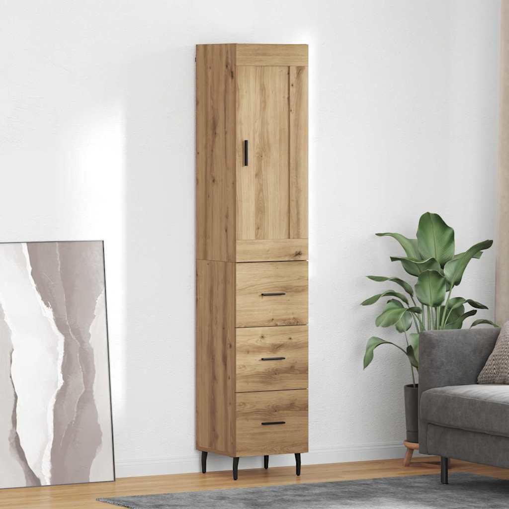Highboard i artisan egetræ-look 34,5 × 34 × 180 cm - konstrueret træ, slankt skænk-/opbevaringsskab