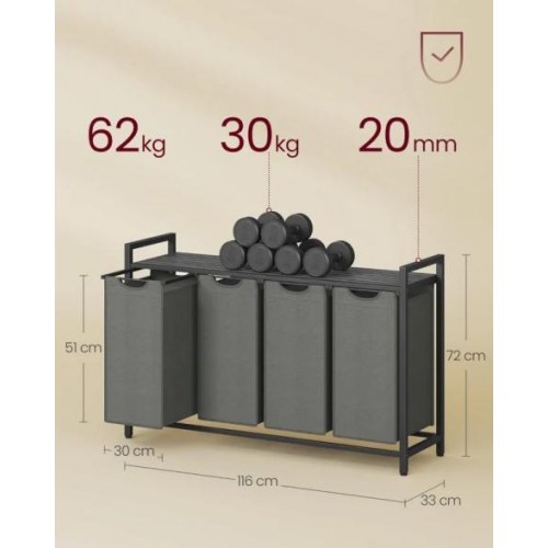 Vasketøjskurv med 4 rum udtrækkelige poser, hylde, metalstel, 4 × 40 l, 116 × 33 × 72 cm, sort/grå