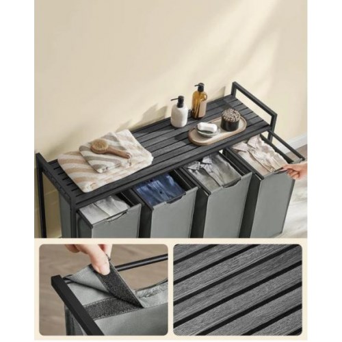 Vasketøjskurv med 4 rum udtrækkelige poser, hylde, metalstel, 4 × 40 l, 116 × 33 × 72 cm, sort/grå