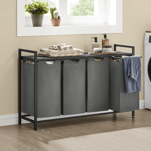 Vasketøjskurv med 4 rum udtrækkelige poser, hylde, metalstel, 4 × 40 l, 116 × 33 × 72 cm, sort/grå