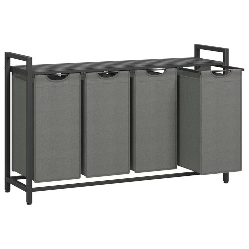 Vasketøjskurv med 4 rum udtrækkelige poser, hylde, metalstel, 4 × 40 l, 116 × 33 × 72 cm, sort/grå