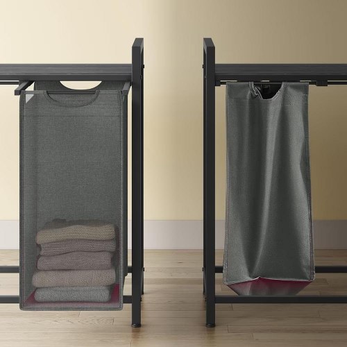 Vasketøjskurv med 4 rum udtrækkelige poser, hylde, metalstel, 4 × 40 l, 116 × 33 × 72 cm, sort/grå