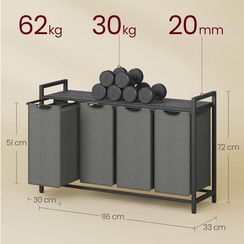 Vasketøjskurv med 4 rum udtrækkelige poser, hylde, metalstel, 4 × 40 l, 116 × 33 × 72 cm, sort/grå