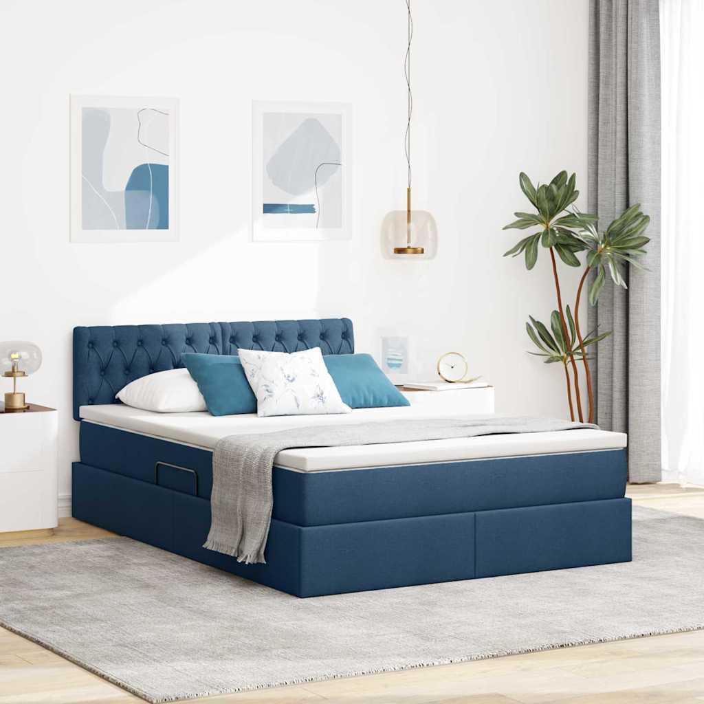 Seng med opbevaring og LED med madras Blå 140 x 200 cm Stof