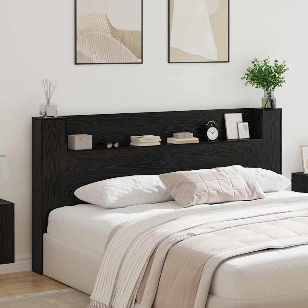 Opbevarings-sengegavl med LED - sort eg, konstrueret træ, 200 cm