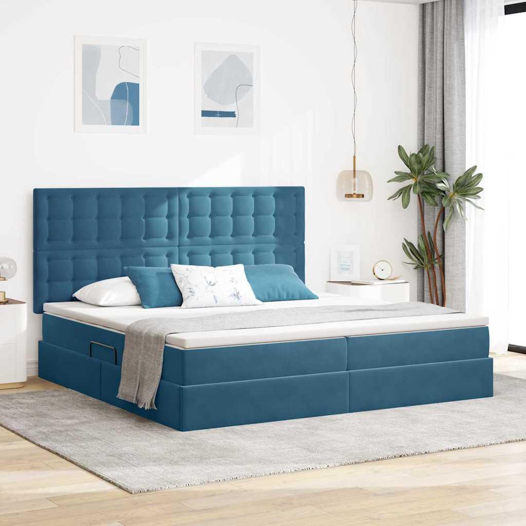 Seng Med Opbevaring Og Led Med Madras Fløjl - Mørkeblå / 200 x 200 cm / Knapper