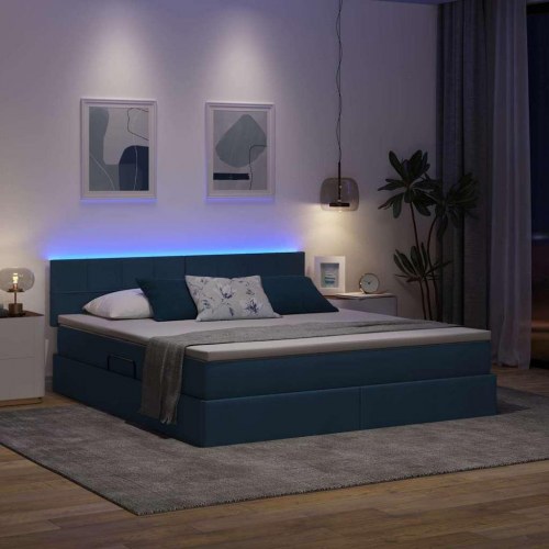 LED opbevaringsseng med madras - blå stof 180 x 200 cm