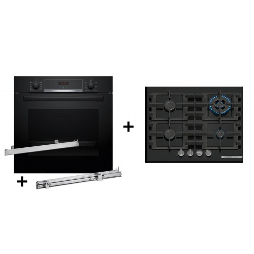 Indbygningsovn sæt Bosch HBA514BB3 + teleskopudtræk HEZ538000 + gaskogeplade PNH6B6K40