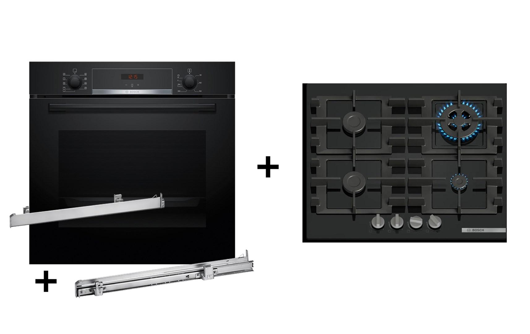 Indbygningsovn sæt Bosch HBA514BB3 + teleskopudtræk HEZ538000 + gaskogeplade PNH6B6K40