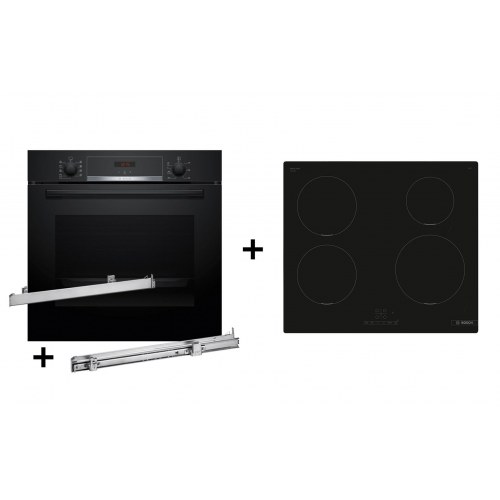 Indbygningsovn sæt Bosch – HBA514BB3 ovn + teleskopudtræk HEZ538000 + PUE611BB5E induktionskogeplade