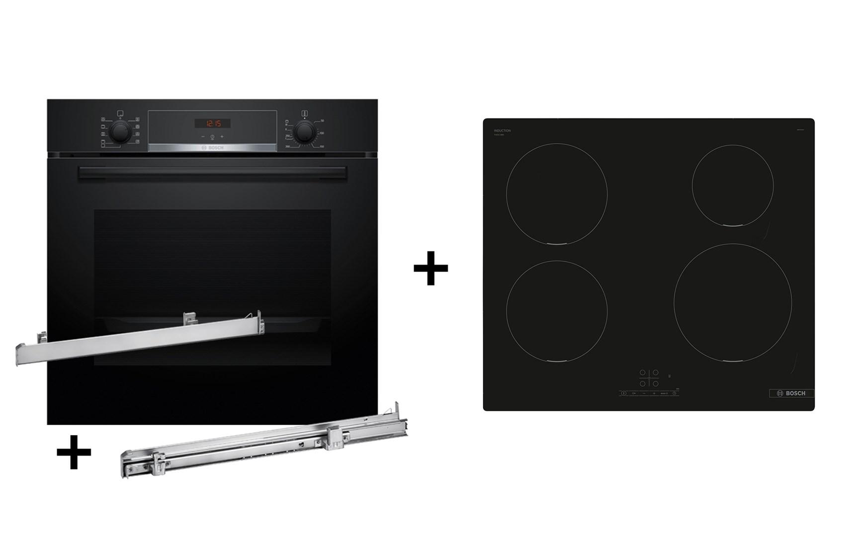 Indbygningsovn sæt Bosch – HBA514BB3 ovn + teleskopudtræk HEZ538000 + PUE611BB5E induktionskogeplade