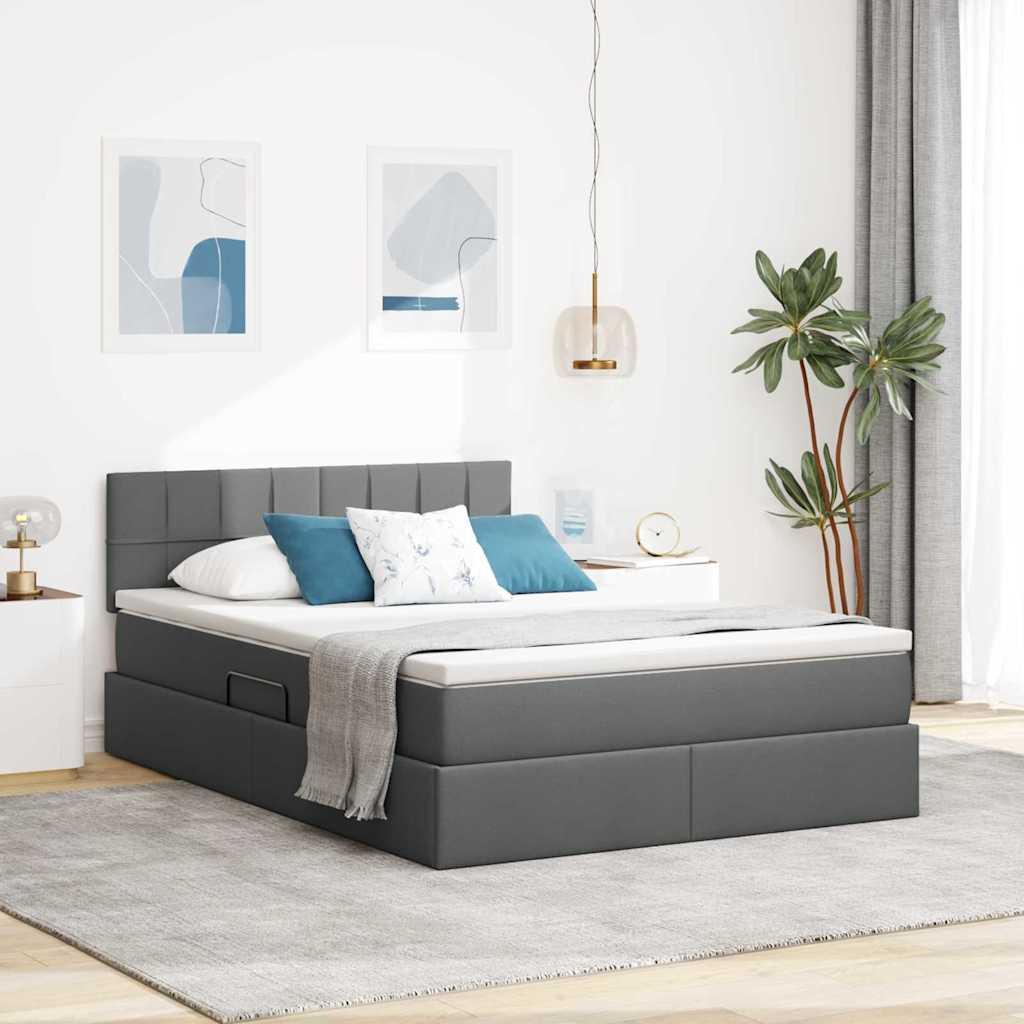 Seng Med Opbevaring Og Led Med Madras Stof - Mørkegrå / 140 x 200 cm / Block med firkanter