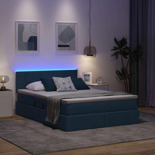 LED opbevaringsseng med madras - blå stof 140 x 190 cm