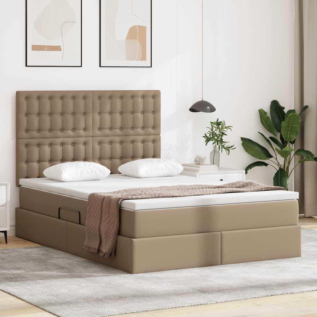 Seng med opbevaring og LED - cappuccino 140 x 200 cm i faux læder