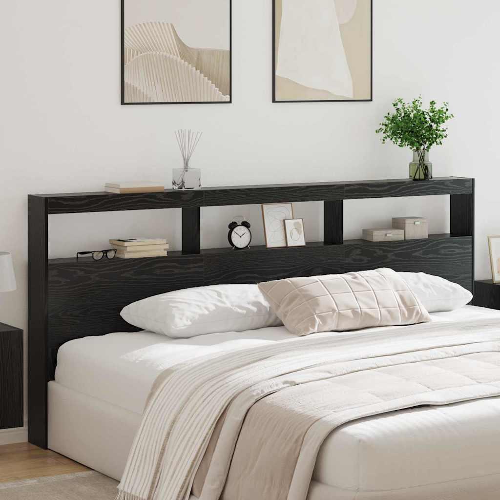 Hovedgærde med hylde - sort eg, 220 × 17 × 102 cm, konstrueret træ med LED