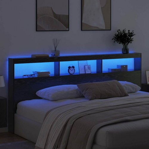 Sengegavl med LED og opbevaring - sort eg, 220 x 17 x 102 cm