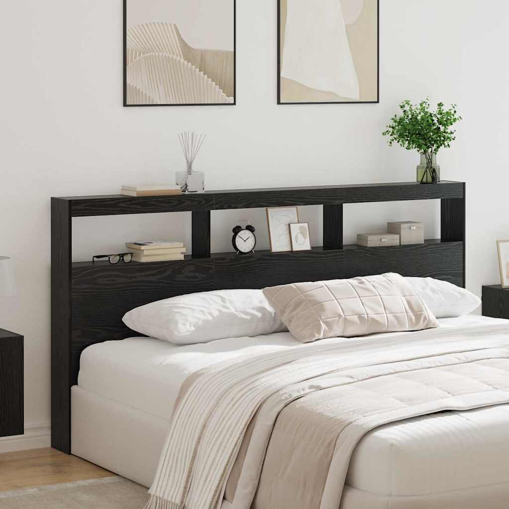Hovedgærde med hylder - sort eg 200 × 17 × 102 cm, konstrueret træ, LED