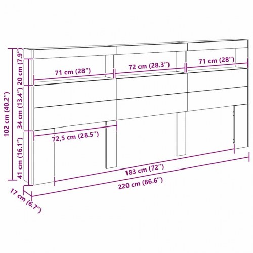 Sengegavl med LED og opbevaring - gammelt træ, 220 cm