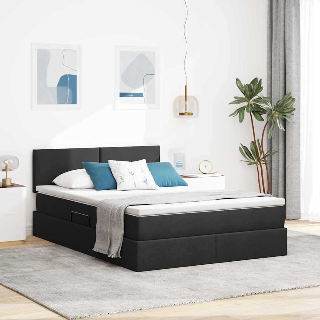 Seng med opbevaring og LED med madras Sort 140 x 190 cm Stof