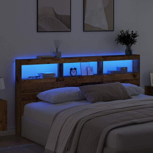 Sengegavl med LED og opbevaring - gammelt træ, 200 cm