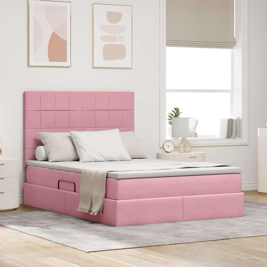 Seng Med Opbevaring Og Led Med Madras Fløjl - Lyserød / 140 x 190 cm / Block med firkanter