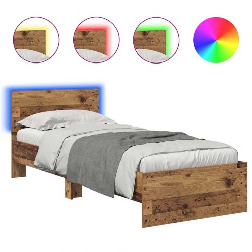 Sengestel med LED og hovedgavl - gammelt træ - 75 x 190 cm