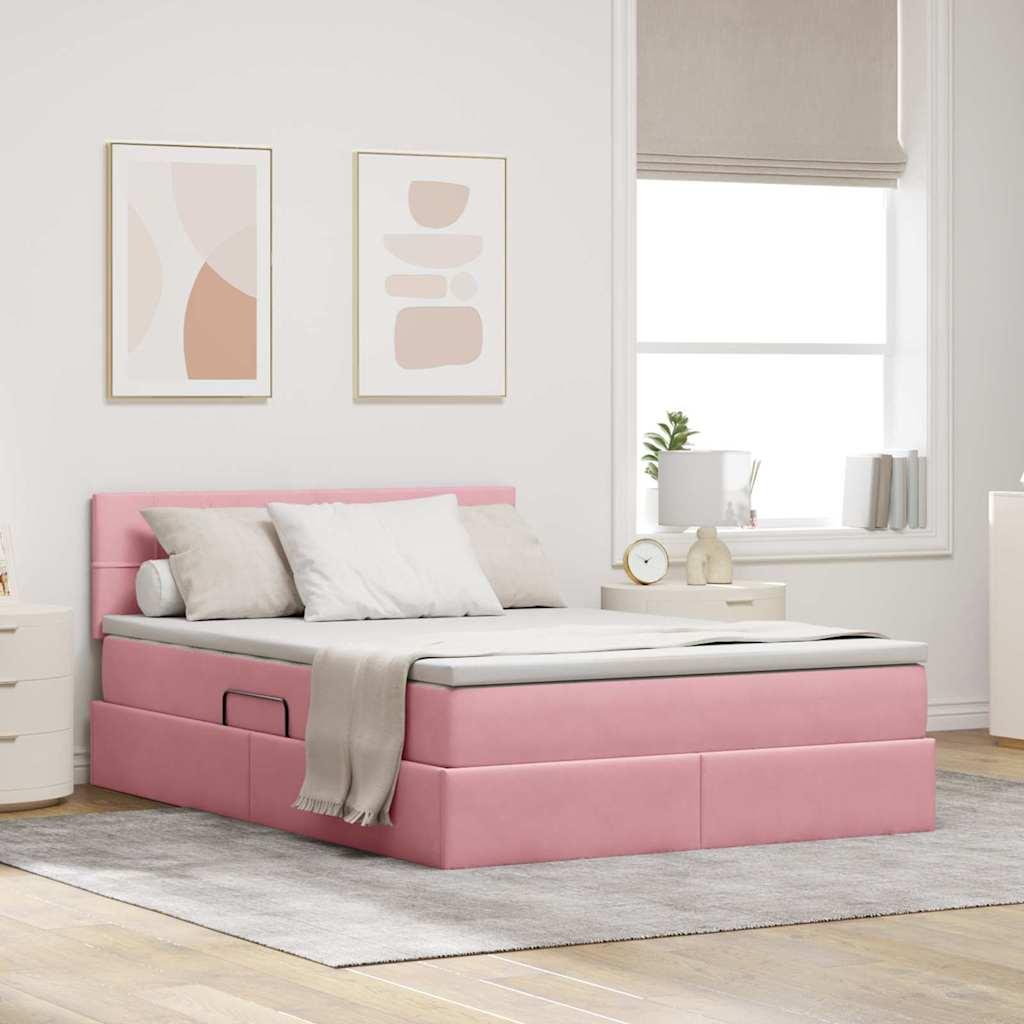 Seng Med Opbevaring Og Led Med Madras Fløjl - Lyserød / 140 x 200 cm / Block med firkanter