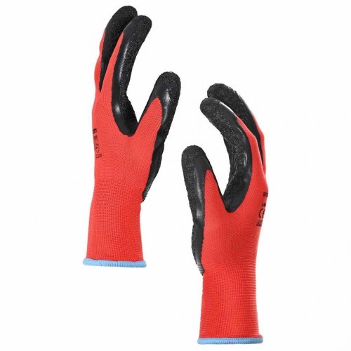 Arbejds- og sikkerhedshandsker - 24 par, rød/sort, str. 9 (L) med latexbelægning