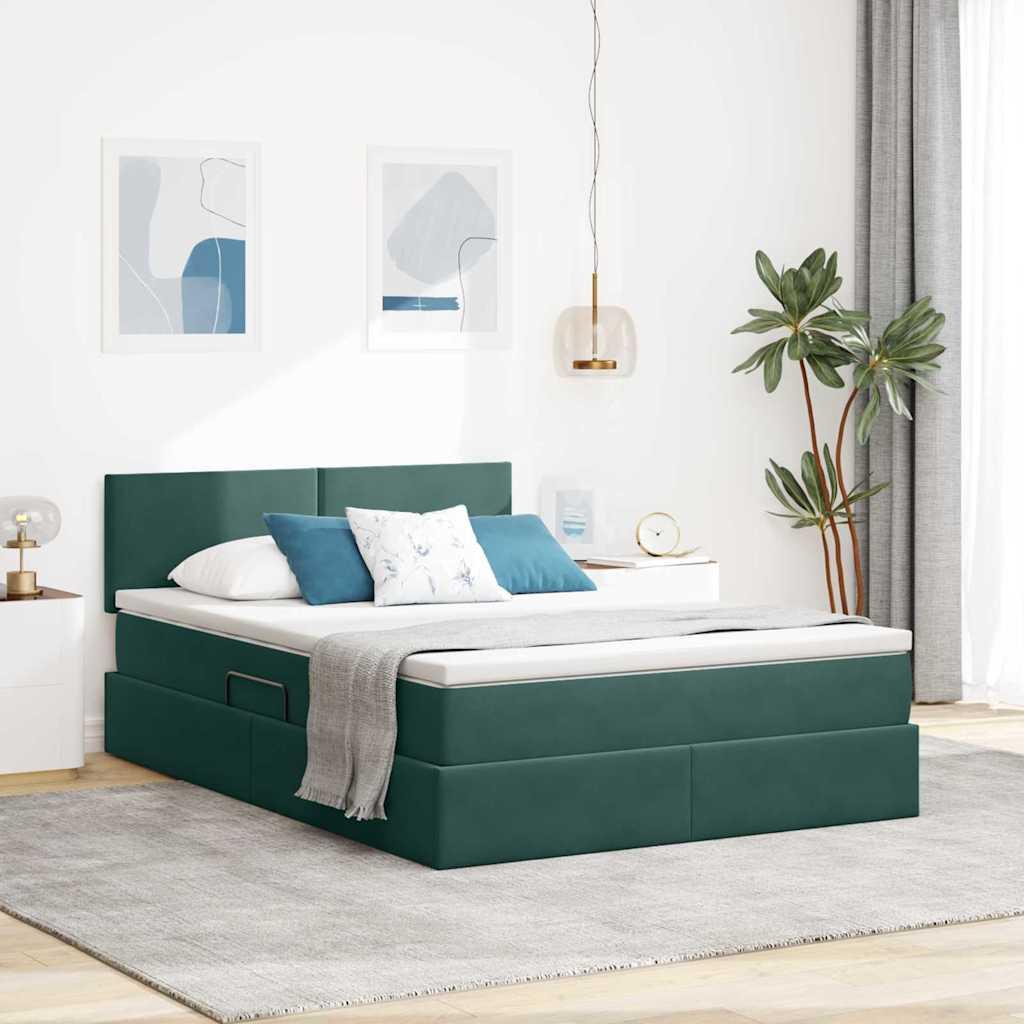 Seng Med Opbevaring Og Led Med Madras Fløjl - Mørkegrøn / 140 x 190 cm / Med ensartet mønster