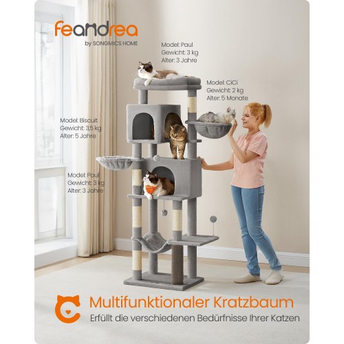 Kattetræ – SONGMICS Feandrea, 175 cm højt, multi-level kattemøbel med 2 huler, 2 kurve, 5 kradsepæle, selv-plejer, udkigsplads og hængekøje, indendørs, duegrå