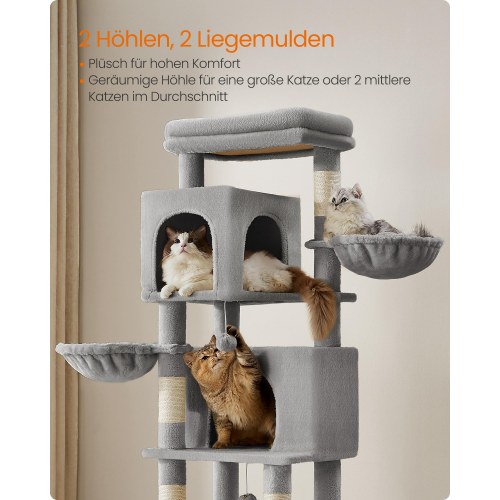 Kattetræ – SONGMICS Feandrea, 175 cm højt, multi-level kattemøbel med 2 huler, 2 kurve, 5 kradsepæle, selv-plejer, udkigsplads og hængekøje, indendørs, duegrå