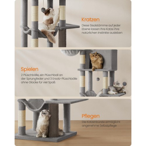 Kattetræ – SONGMICS Feandrea, 175 cm højt, multi-level kattemøbel med 2 huler, 2 kurve, 5 kradsepæle, selv-plejer, udkigsplads og hængekøje, indendørs, duegrå