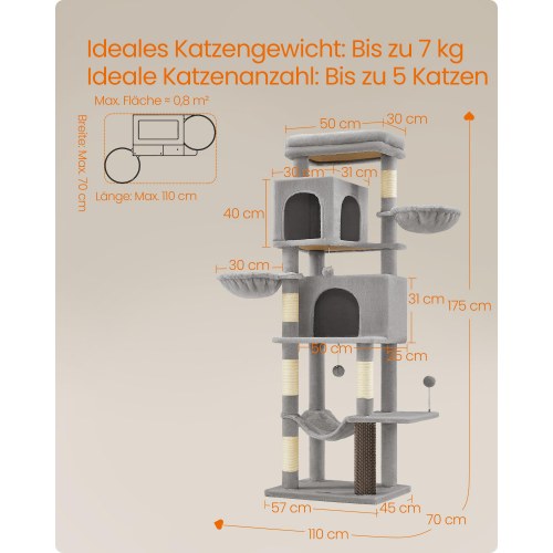 Kattetræ – SONGMICS Feandrea, 175 cm højt, multi-level kattemøbel med 2 huler, 2 kurve, 5 kradsepæle, selv-plejer, udkigsplads og hængekøje, indendørs, duegrå