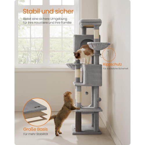 Kattetræ – SONGMICS Feandrea, 175 cm højt, multi-level kattemøbel med 2 huler, 2 kurve, 5 kradsepæle, selv-plejer, udkigsplads og hængekøje, indendørs, duegrå
