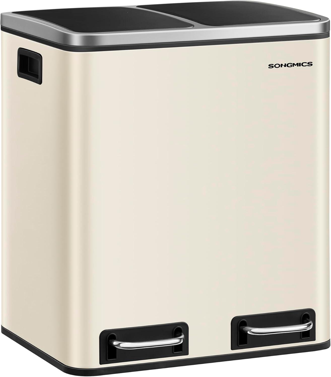 Skraldespand til køkken 2 x 15 l dobbelt pedal, blød lukning, stål, sandbeige/sort