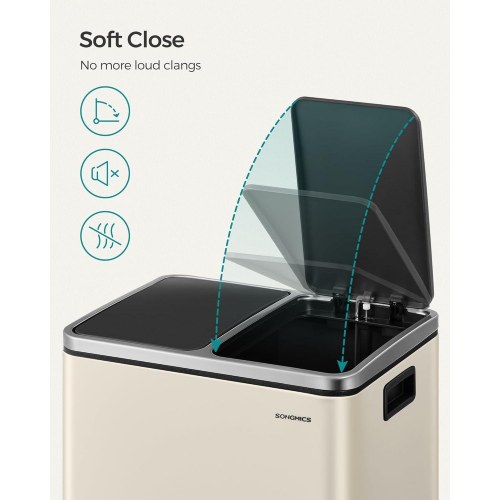 Skraldespand til køkken 2 x 15 l dobbelt pedal, blød lukning, stål, sandbeige/sort