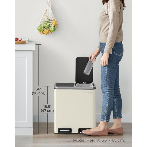 Skraldespand til køkken 2 x 15 l dobbelt pedal, blød lukning, stål, sandbeige/sort