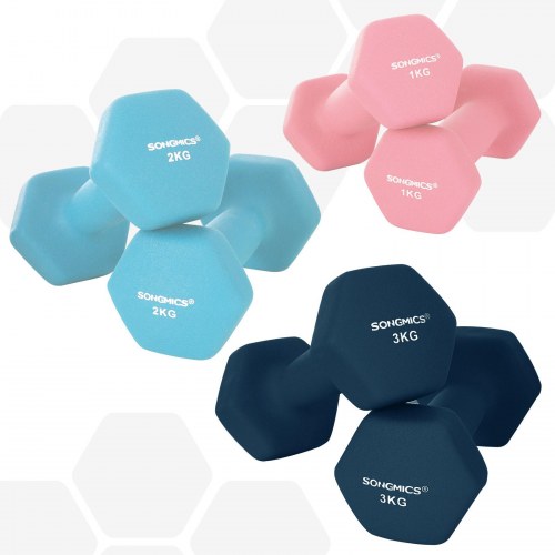 Håndvægtsæt med stativ – SONGMICS hex håndvægte 2×1 kg, 2×2 kg, 2×3 kg, neopren, pink/aqua/blå