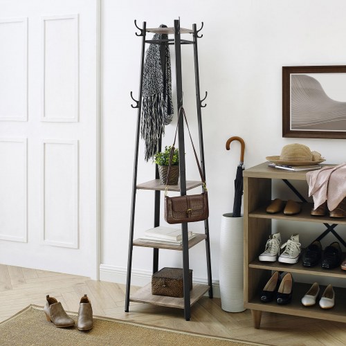 Stumtjener med hylder 3 hylder, kroge, stålramme, industrielt look, greige/sort
