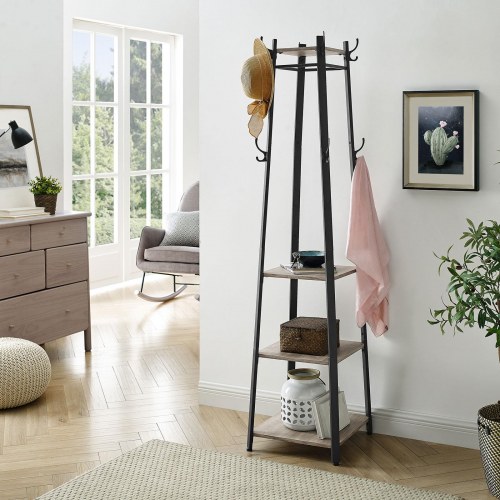 Stumtjener med hylder 3 hylder, kroge, stålramme, industrielt look, greige/sort