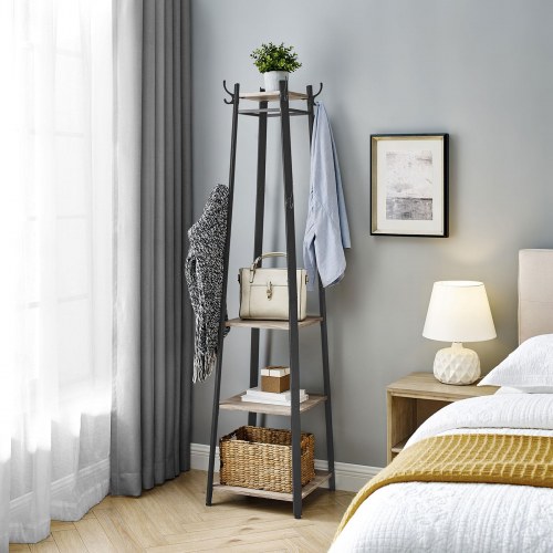 Stumtjener med hylder 3 hylder, kroge, stålramme, industrielt look, greige/sort